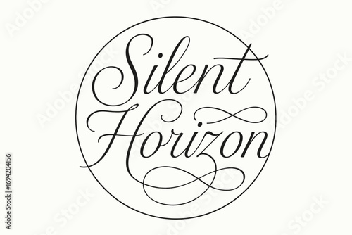 Silent Horizon thin line calligraphy smooth curves balanced composition clear readable letters consistent style none circular frame composition clean white background vector look high.