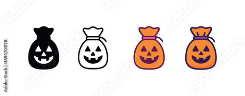Vector icon Halloween candy bag same pose same proportions four styles black solid glyph outline minimal flat multicolor filled cartoon flat shaded.