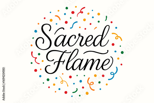 Sacred Flame thin line calligraphy smooth curves balanced composition clear readable letters consistent style surrounded by festive confetti and dots circular frame composition clean white.
