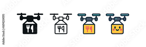 Vector icon delivery drone food box same pose same proportions four styles black solid glyph outline minimal flat multicolor filled cartoon flat shaded.