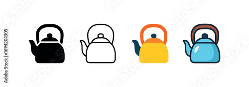 Vector icon tea kettle same pose same proportions four styles black solid glyph outline minimal flat multicolor filled cartoon flat shaded.