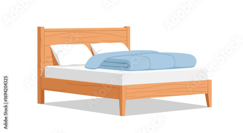 Inviting wooden bed frame illustration featuring a plush blue blanket and crisp white pillows with soft shadows