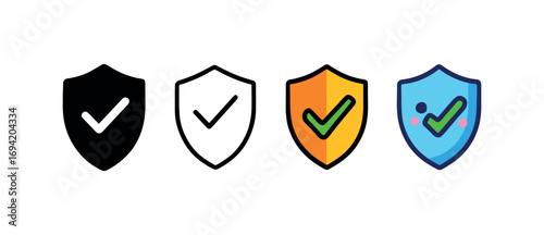 Vector icon cyber security shield same pose same proportions four styles black solid glyph outline minimal flat multicolor filled cartoon flat shaded.