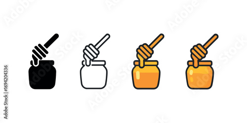 Vector icon honey jar dipper same pose same proportions four styles black solid glyph outline minimal flat multicolor filled cartoon flat shaded.