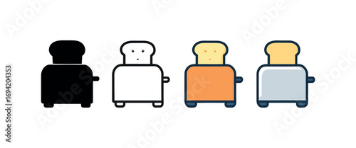 Vector icon toaster bread same pose same proportions four styles black solid glyph outline minimal flat multicolor filled cartoon flat shaded.