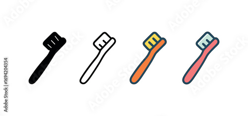 Vector icon toothbrush same pose same proportions four styles black solid glyph outline minimal flat multicolor filled cartoon flat shaded.