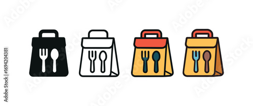 Vector icon food delivery bag same pose same proportions four styles black solid glyph outline minimal flat multicolor filled cartoon flat shaded.