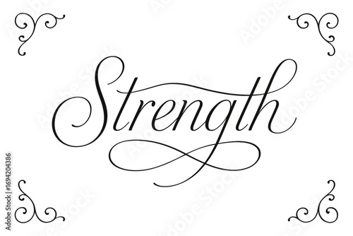 Strength thin line calligraphy smooth curves balanced composition clear readable letters consistent style none centered with corner ornaments clean white background vector look high.