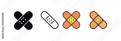 Vector icon bandage adhesive same pose same proportions four styles black solid glyph outline minimal flat multicolor filled cartoon flat shaded.
