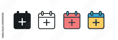Vector icon calendar event add same pose same proportions four styles black solid glyph outline minimal flat multicolor filled cartoon flat shaded.