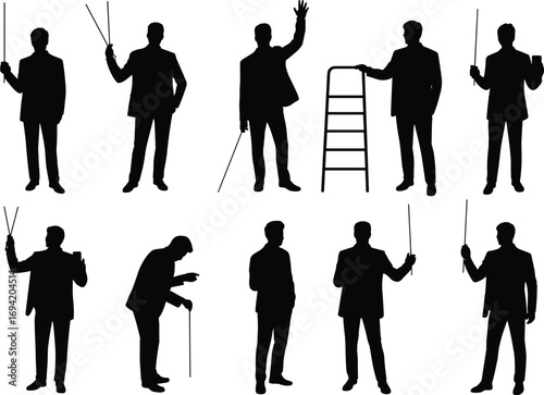 Businessman silhouette vector set with presentation poses, pointing gestures, teaching stick, leadership concept, corporate training, standing man illustration isolated, black figures