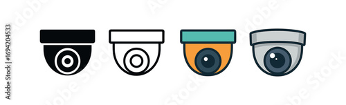 Vector icon security camera dome same pose same proportions four styles black solid glyph outline minimal flat multicolor filled cartoon flat shaded.