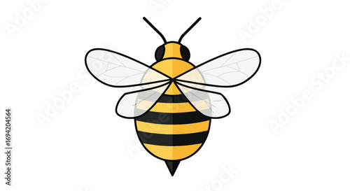 Stylized cartoon bee illustration with vibrant yellow and black stripes and transparent wings that creating visual appeal with simple graphics