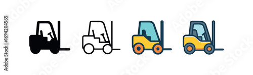 Vector icon forklift same pose same proportions four styles black solid glyph outline minimal flat multicolor filled cartoon flat shaded.
