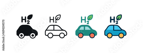 Vector icon hydrogen car same pose same proportions four styles black solid glyph outline minimal flat multicolor filled cartoon flat shaded.