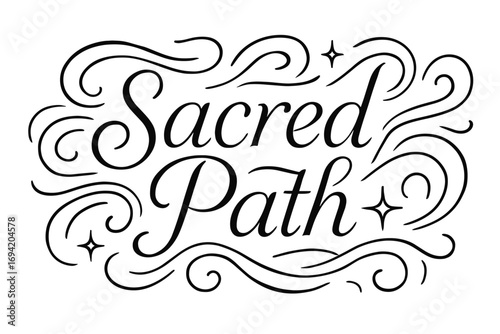 Sacred Path thin line calligraphy smooth curves balanced composition clear readable letters consistent style surrounded by abstract waves swirls and star shapes horizontal balanced layout.