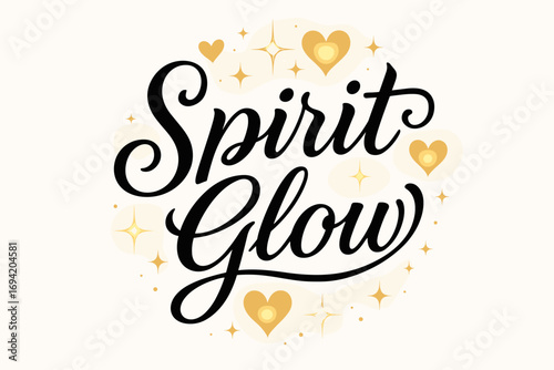 Spirit Glow elegant calligraphy lettering smooth curves balanced composition clear readable letters consistent style surrounded by glowing hearts and romantic sparkles circular frame.