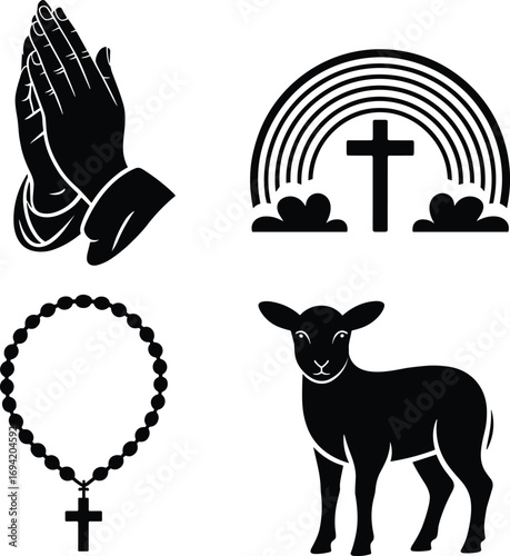 Christian religious icons with praying hands, cross and rainbow, rosary beads, lamb symbol of faith, spirituality, hope, worship, devotion, and peace