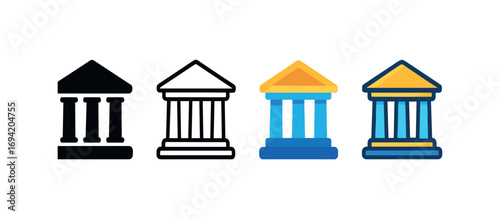Vector icon bank building columns same pose same proportions four styles black solid glyph outline minimal flat multicolor filled cartoon flat shaded.
