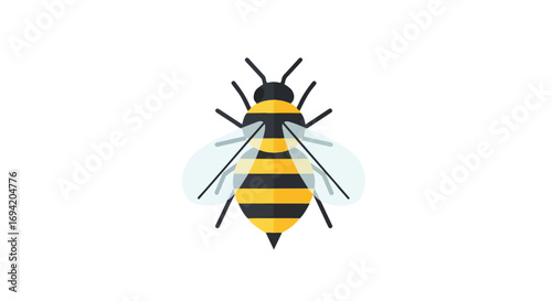 Flat design honeybee illustration, vibrant yellow and black stripes against a clean white backdrop, showcasing a stylized representation of nature's