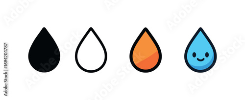 Vector icon raindrop same pose same proportions four styles black solid glyph outline minimal flat multicolor filled cartoon flat shaded.