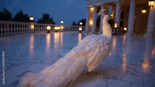 white peacock walks on a shiny marble floor in front of a grand building with lit lanterns.