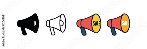 Vector icon sale megaphone same pose same proportions four styles black solid glyph outline minimal flat multicolor filled cartoon flat shaded.