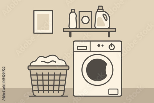 Vector Illustration of a Minimalist Laundry Room with Washing Machine and Basket
