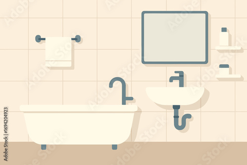 Vector Illustration of a Minimalist Bathroom Interior with Bathtub and Sink