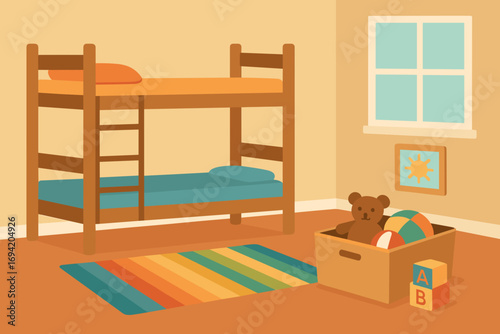 Vector Illustration of a Cozy Children’s Bedroom with Bunk Bed and Toys