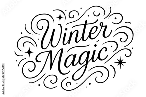 Winter Magic thin line calligraphy smooth curves balanced composition clear readable letters consistent style surrounded by abstract waves swirls and star shapes diagonal decorative.