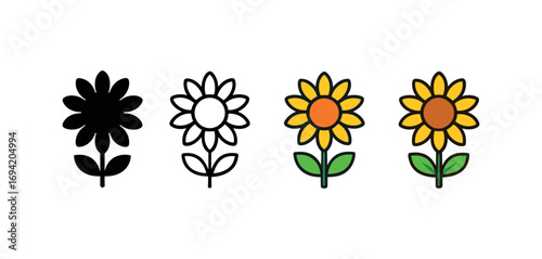 Vector icon sunflower same pose same proportions four styles black solid glyph outline minimal flat multicolor filled cartoon flat shaded.