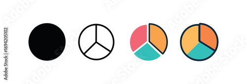 Vector icon pie chart same pose same proportions four styles black solid glyph outline minimal flat multicolor filled cartoon flat shaded.