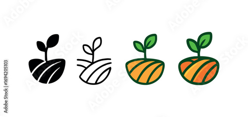 Vector icon organic farm field same pose same proportions four styles black solid glyph outline minimal flat multicolor filled cartoon flat shaded.