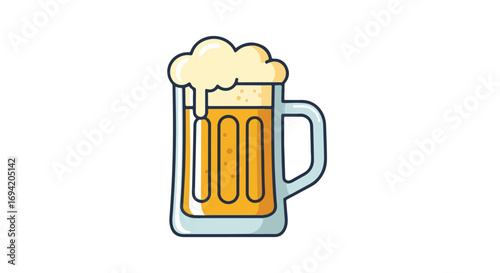Stylized Beer Mug Illustration with Thick Frothy Head, Cartoonish Pint Glass of Refreshing Ale, Simple Lager Graphic with Bubbles, Classic Beer Icon