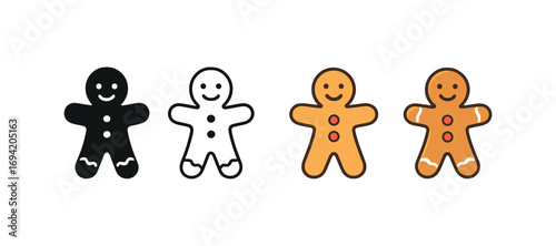 Vector icon gingerbread cookie man same pose same proportions four styles black solid glyph outline minimal flat multicolor filled cartoon flat shaded.