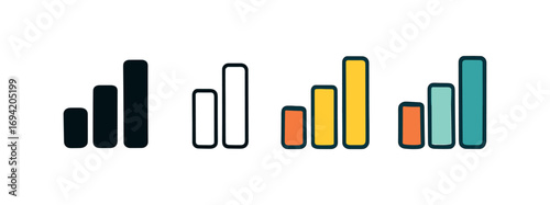 Vector icon bar chart same pose same proportions four styles black solid glyph outline minimal flat multicolor filled cartoon flat shaded.