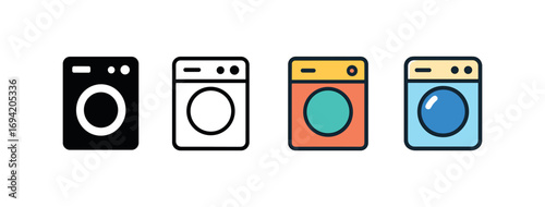 Vector icon washing machine same pose same proportions four styles black solid glyph outline minimal flat multicolor filled cartoon flat shaded.