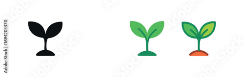 Vector icon eco leaf sprout same pose same proportions four styles black solid glyph outline minimal flat multicolor filled cartoon flat shaded.