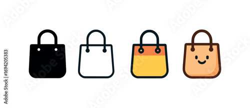 Vector icon reusable shopping tote same pose same proportions four styles black solid glyph outline minimal flat multicolor filled cartoon flat shaded.
