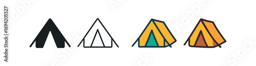 Vector icon tent camping same pose same proportions four styles black solid glyph outline minimal flat multicolor filled cartoon flat shaded.