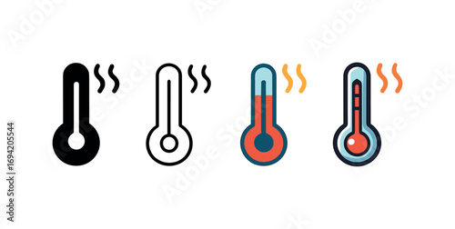 Vector icon thermometer hot same pose same proportions four styles black solid glyph outline minimal flat multicolor filled cartoon flat shaded.