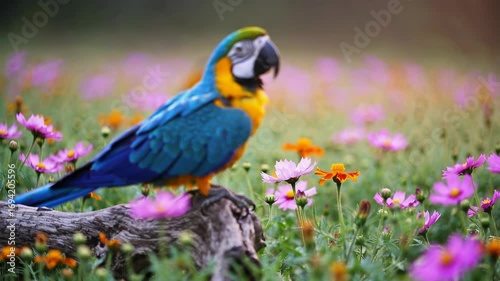 A vibrant blue-and-yellow macaw is perching on a log in a field of pink and orange wildflowers