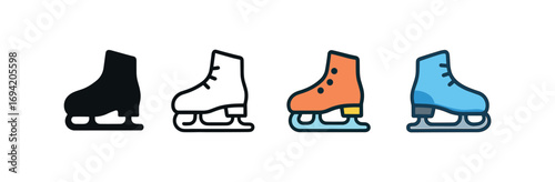 Vector icon ice skates pair same pose same proportions four styles black solid glyph outline minimal flat multicolor filled cartoon flat shaded.