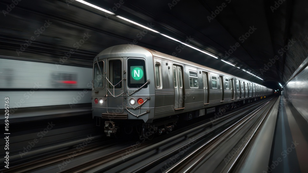 Naklejka premium Subway train speeding through tunnel