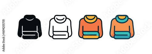 Vector icon cozy sweater folded same pose same proportions four styles black solid glyph outline minimal flat multicolor filled cartoon flat shaded.
