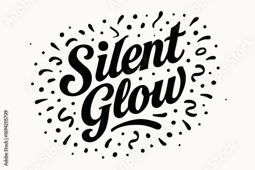 Silent Glow bold vintage calligraphy smooth curves balanced composition clear readable letters consistent style surrounded by festive confetti and dots diagonal decorative composition clean.
