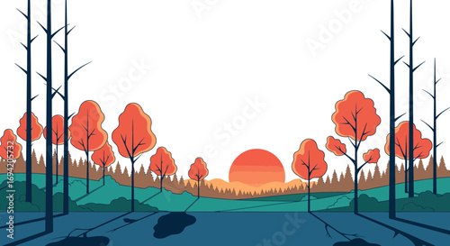 Autumnal landscape featuring orange trees, bare trees, and a setting sun with shadows on a blue ground illustration