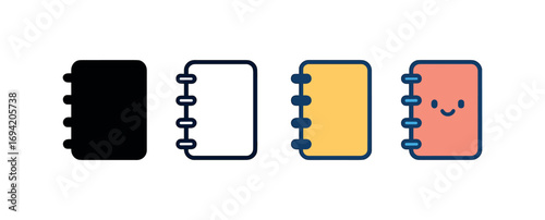 Vector icon notebook spiral same pose same proportions four styles black solid glyph outline minimal flat multicolor filled cartoon flat shaded.
