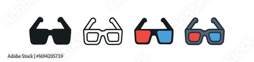 Vector icon 3D glasses same pose same proportions four styles black solid glyph outline minimal flat multicolor filled cartoon flat shaded.